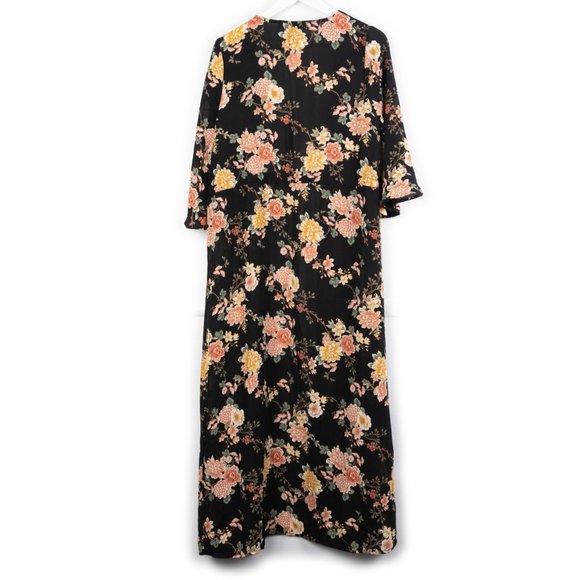 FOREVER 21 Contemporary black floral cardigan full length long kimono size S - Picture 3 of 10